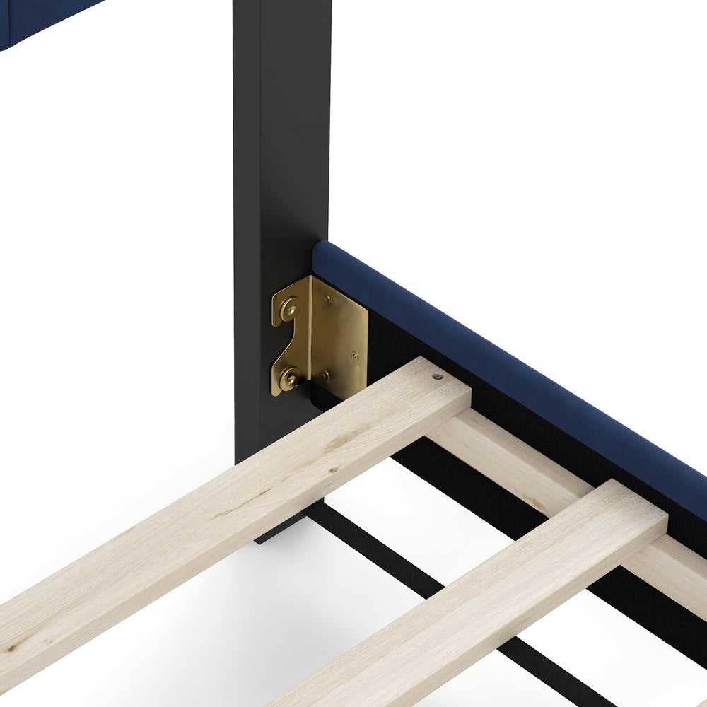 Close-up of the wooden slats and metal connection of the Queen Size Velvet Platform Bed for sturdy support and.