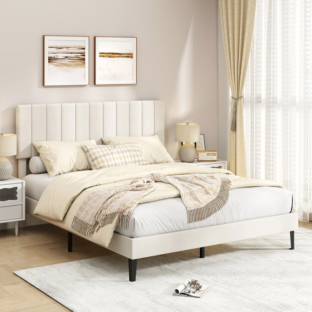 Queen Size Velvet Upholstered Platform Bed Frame - Gallery View 1 of 11