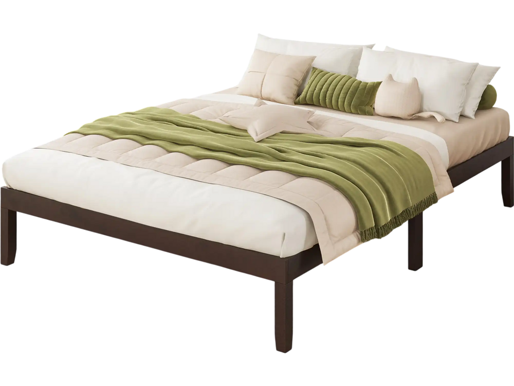 Queen size wood bed frame in espresso with wooden slats, featuring a minimalist design and ample under-bed storage.