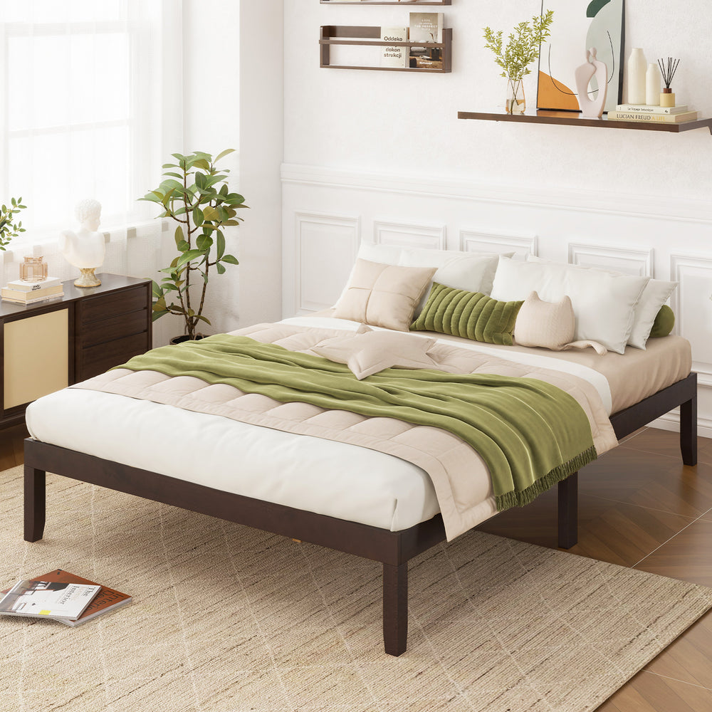 Queen Size Wood Bed Frame with Wooden Slats Support and Rubber Wood Legs-Espresso - Gallery View 1 of 9