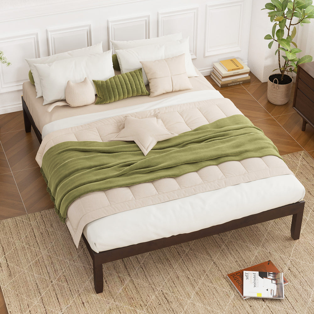 Queen size wood bed frame in espresso with sturdy slats and rubber wood legs, featuring a minimalist design for stylish.