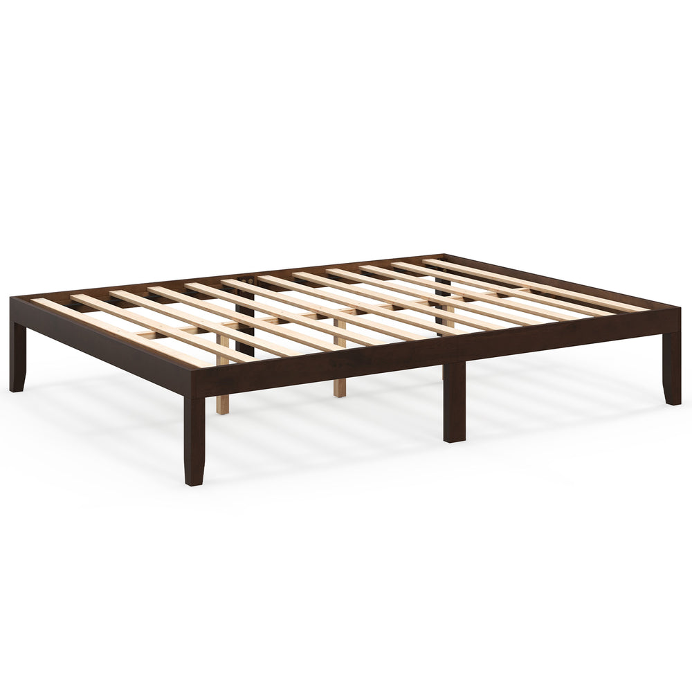 Queen size wood bed frame in espresso with wooden slats support and rubber wood legs, ideal for minimalist bedrooms.