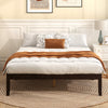 Queen size wood bed frame in espresso with a sleek design, featuring adjustable foot pads for balance on uneven.