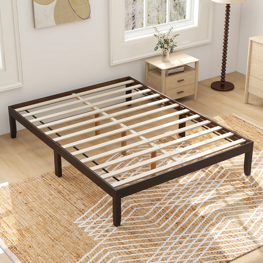 Queen size wood bed frame in espresso with wooden slats and rubber wood legs, featuring a minimalist design for.