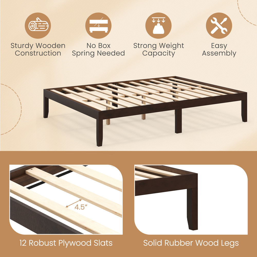 Queen size wood bed frame in espresso with sturdy wooden slats and rubber wood legs, ideal for strong support and.