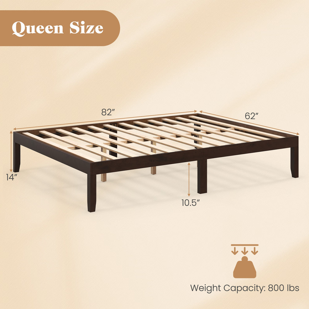 Queen size wood bed frame in espresso with sturdy wooden slats, 800 lbs capacity, and minimalist design for storage.