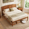 Queen size wooden platform bed frame in walnut with a curved headboard, featuring under-bed storage and minimalist design.