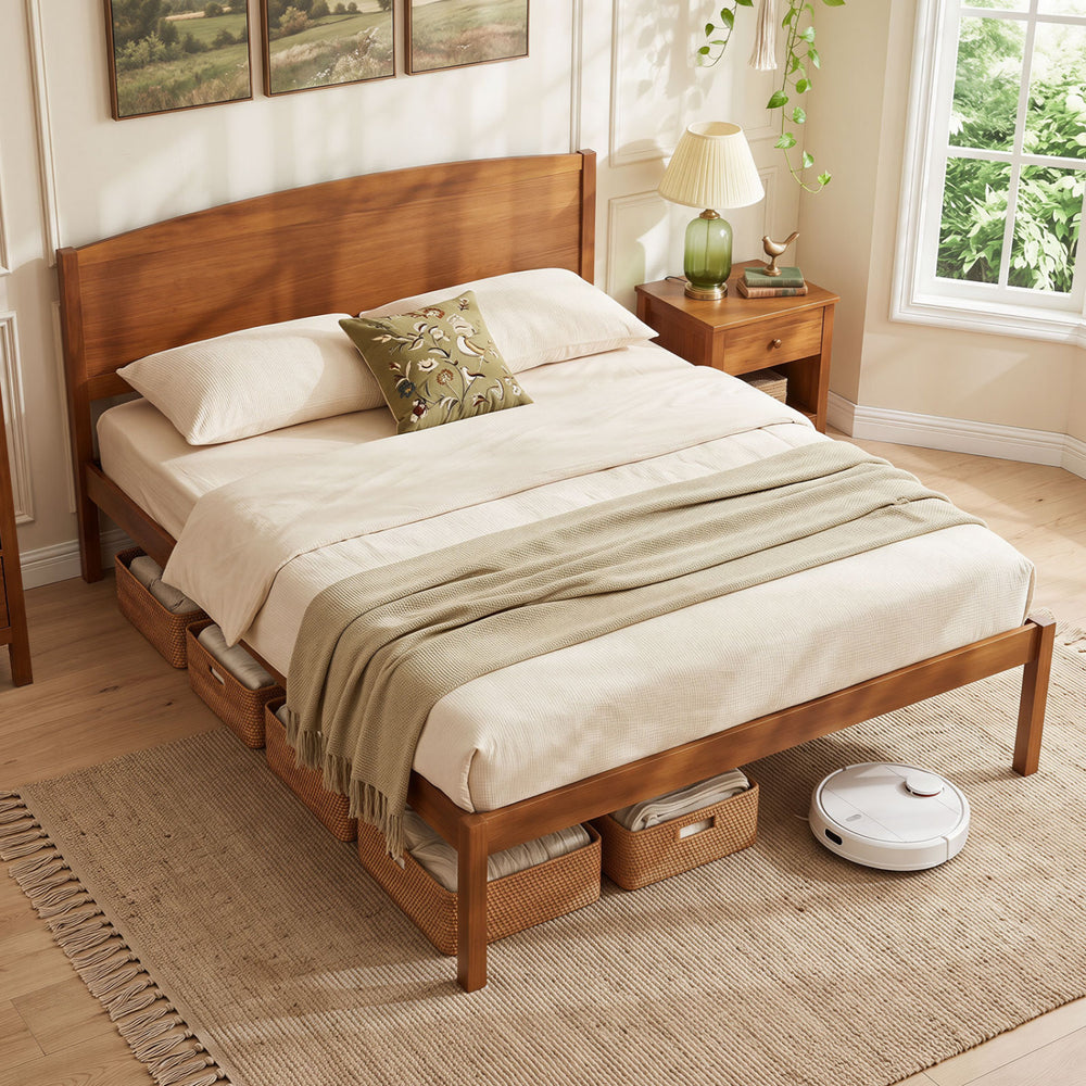 Queen size wooden platform bed frame in walnut with a curved headboard, featuring under-bed storage and minimalist design.