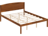 Queen size wooden platform bed frame in walnut with a curved headboard, featuring sturdy plywood slats for mattress support.