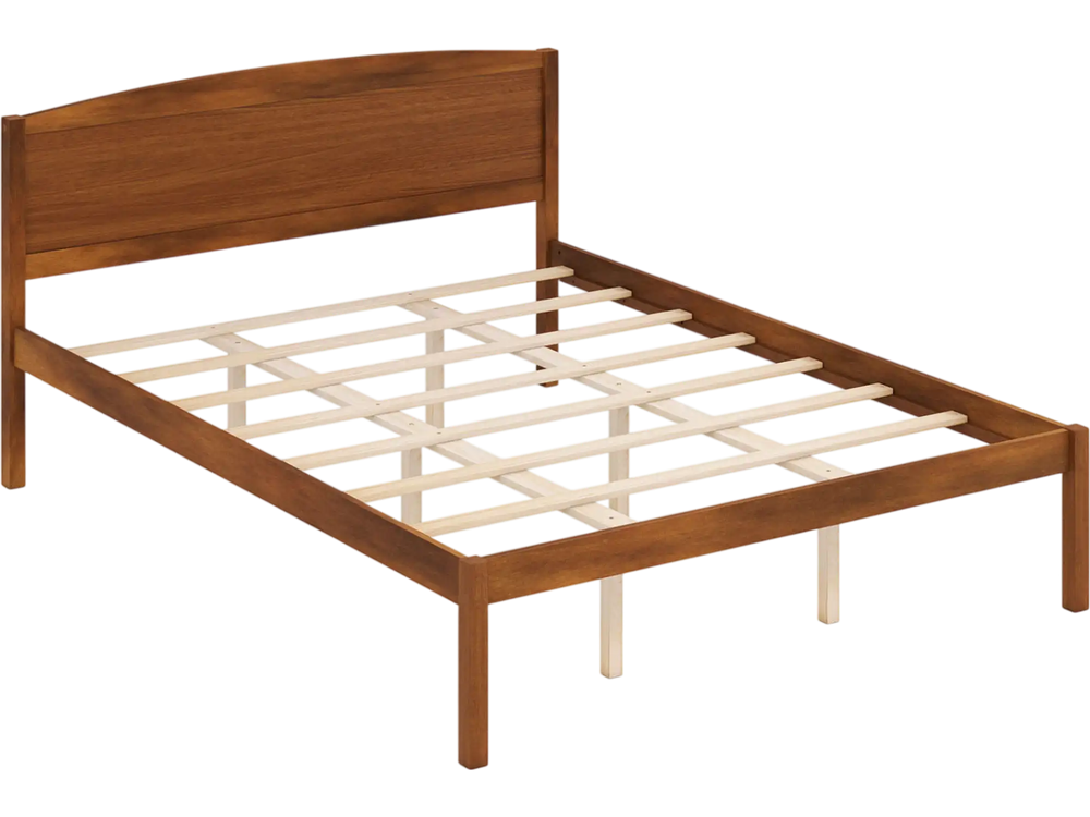 Queen size wooden platform bed frame in walnut with a curved headboard, featuring sturdy plywood slats for mattress support.