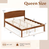 Queen size wooden platform bed frame in walnut with a curved headboard, featuring 12" under-bed storage space.