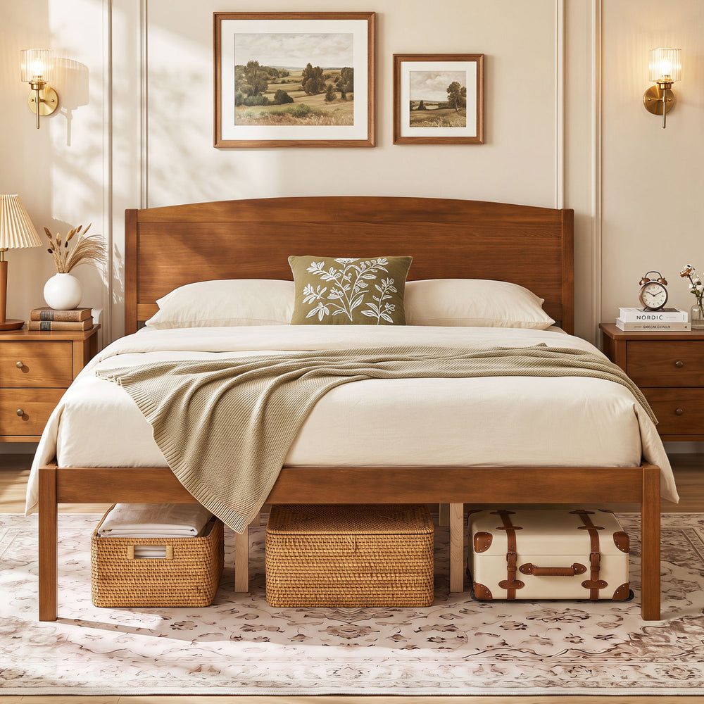 Queen size wooden platform bed frame in walnut with a curved headboard and 12" under-bed storage for a minimalist design.