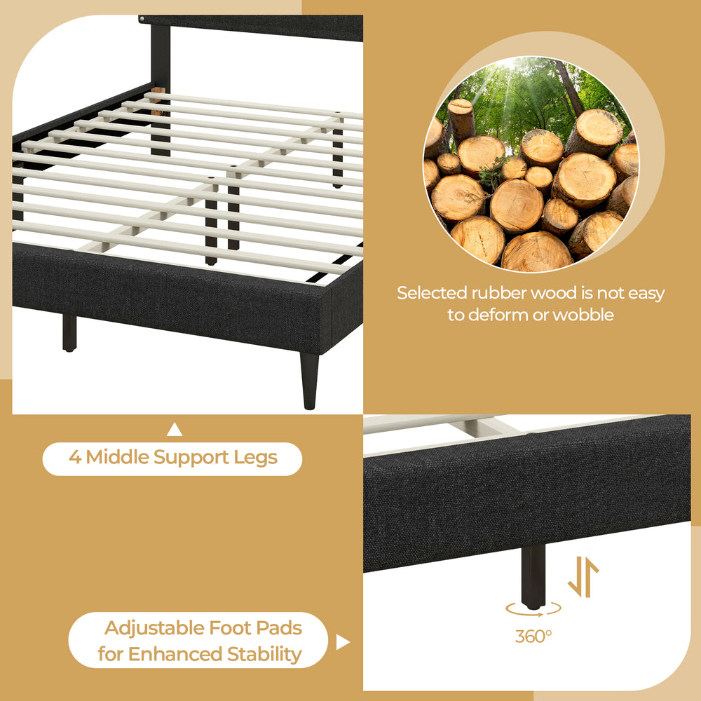 Queen size upholstered bed frame with nailhead trim, featuring 4 middle support legs and adjustable foot pads for.