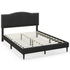 Queen size upholstered bed frame with nailhead trim headboard, featuring sturdy wooden slats and under-bed storage.