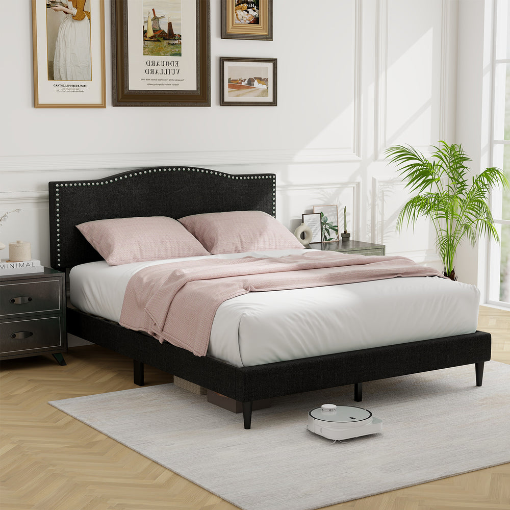 Queen size upholstered bed frame with nailhead trim headboard, featuring a sturdy design and under-bed storage for.