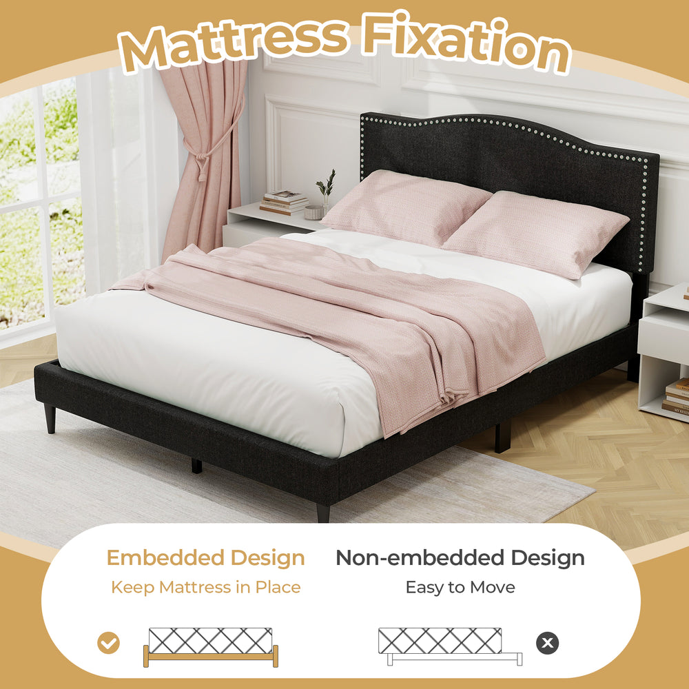 Queen size upholstered bed frame with nailhead trim, featuring embedded design for mattress stability and stylish linen.