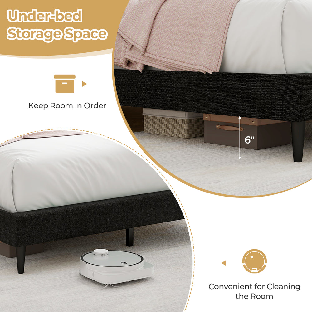 Queen size upholstered bed frame with nailhead trim, featuring 6" under-bed storage space for organized rooms.