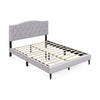 Queen size upholstered platform bed with button tufted headboard and sturdy slats for optimal mattress support.