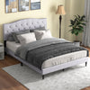 Queen size upholstered platform bed with button tufted headboard, showcasing a stylish gray color and cozy bedding for.
