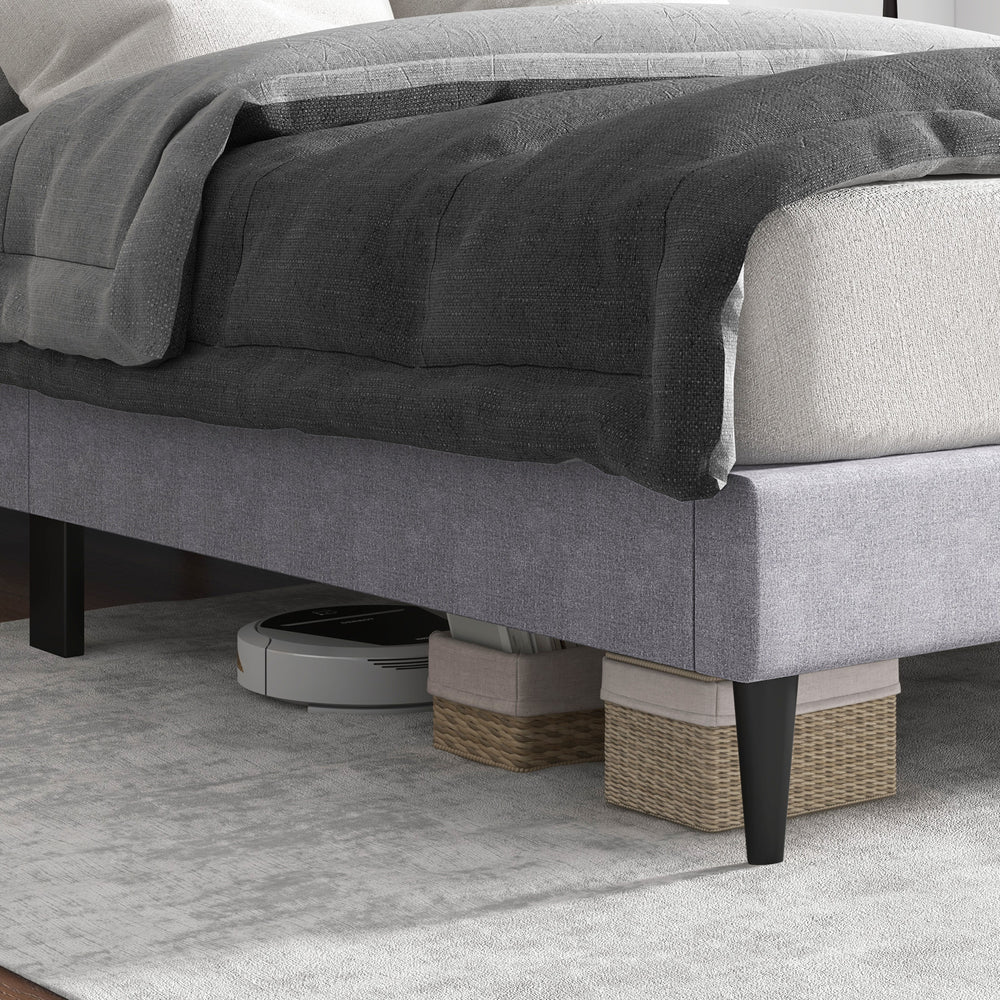 Queen size upholstered platform bed with button tufted headboard, featuring under-bed storage and durable linen fabric.