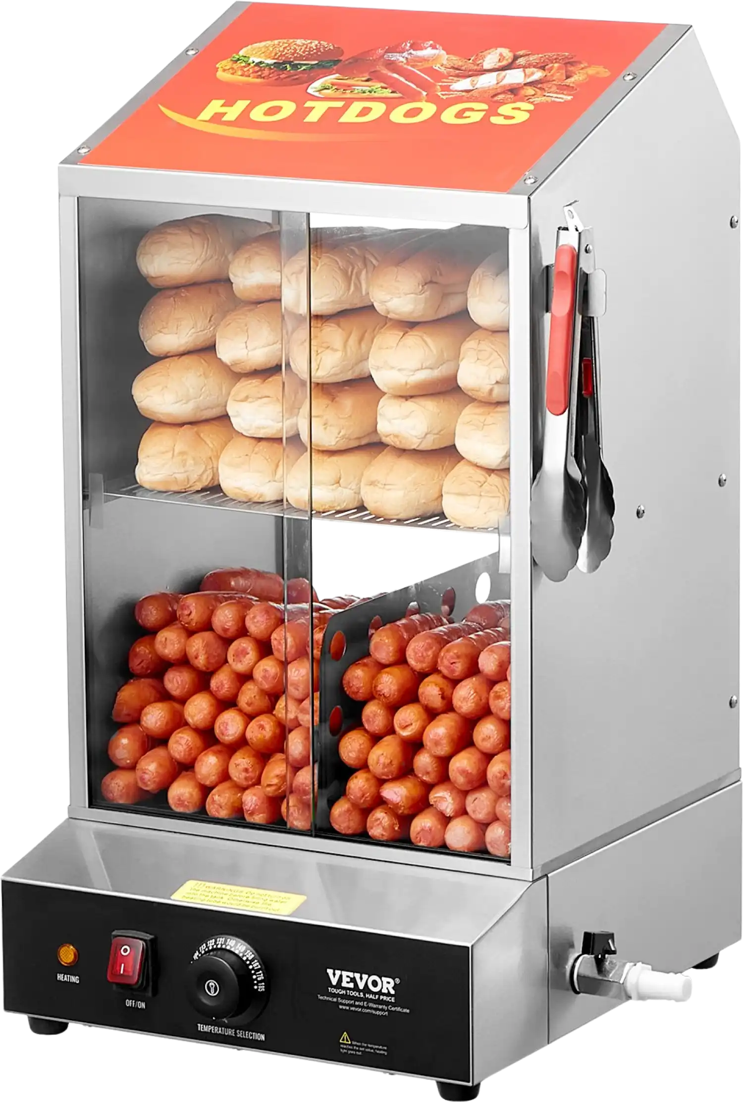 Vevor Hot Dog Steamer 39 Qt Commercial 2-Tier Electric Warmer with Sliding Glass Doors New