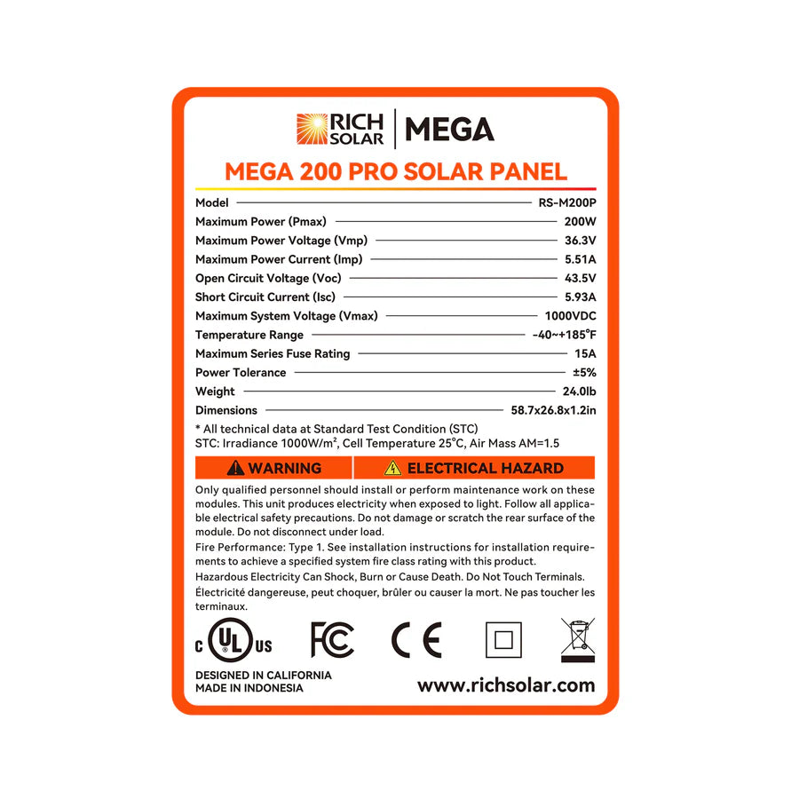 Rich Solar RS-M200P Solar Panel Mega 200 Pro 200W 24V New