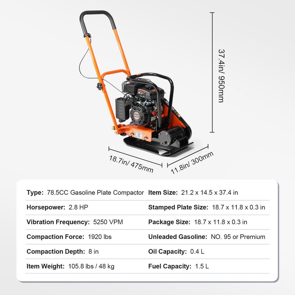 Vevor Plate Compactor Forward 18.7" x 11.8" 2.8 HP 78.5cc Gas 5250 VPM 1920 lbs Force New