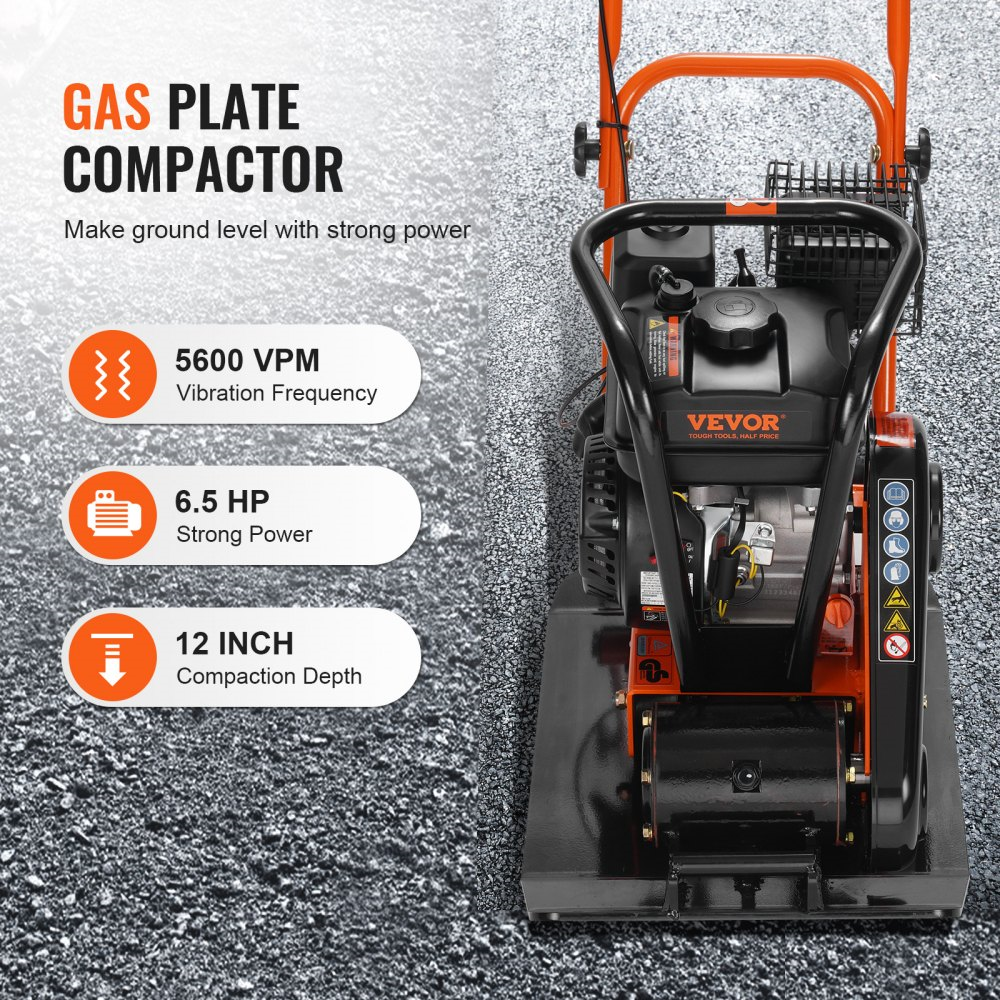 Vevor Plate Compactor Vibratory Compaction Tamper Forward 22.1" x 15.9" 6.5 HP 196cc Gas 4200 lbs Force 5600 VPM New