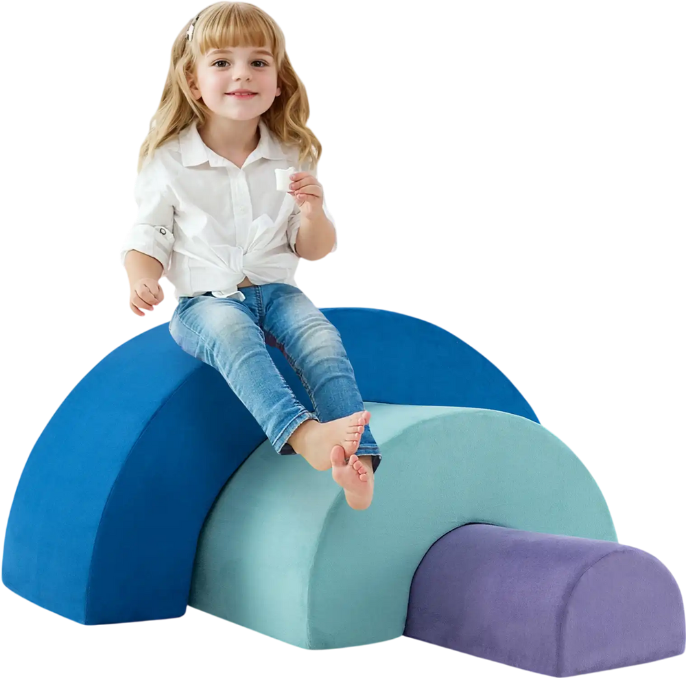 Rainbow Arc Climber Playset with multicolor foam blocks, perfect for kids to develop skills in playrooms or day-care.