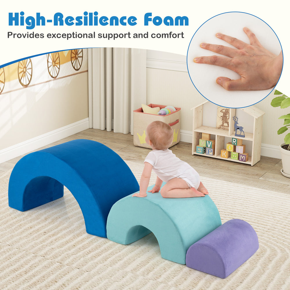 Rainbow Arc Climber Playset with three foam blocks in multicolor, designed for kids' play and skill development.