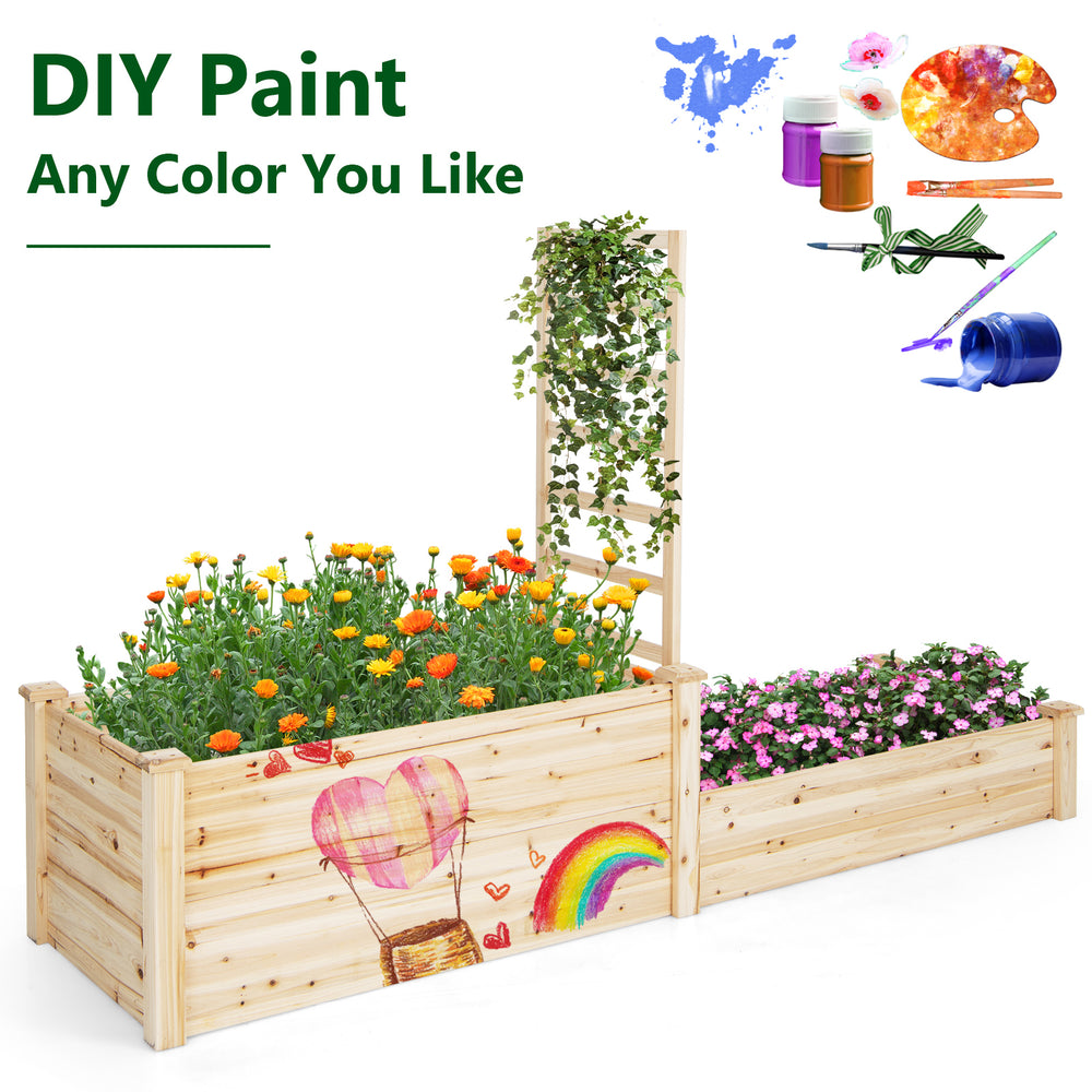 Raised garden bed with trellis in natural fir wood, featuring two planter boxes and customizable painting options.