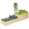 Raised garden bed with trellis in natural fir wood, featuring two planter boxes for various plants and climbing support.