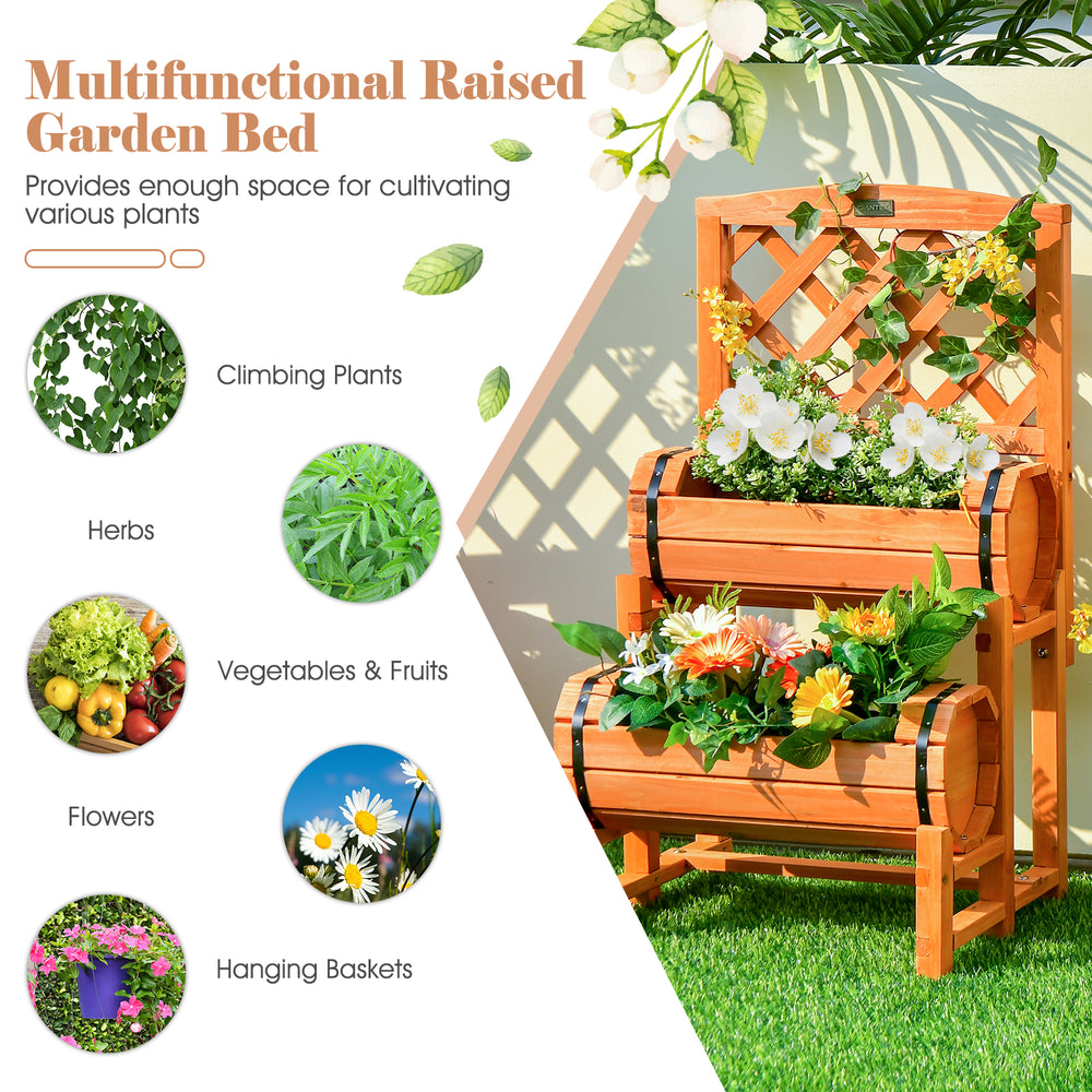 2-Tier raised garden bed in orange with cylindrical planter boxes and trellis for climbing plants and flowers.