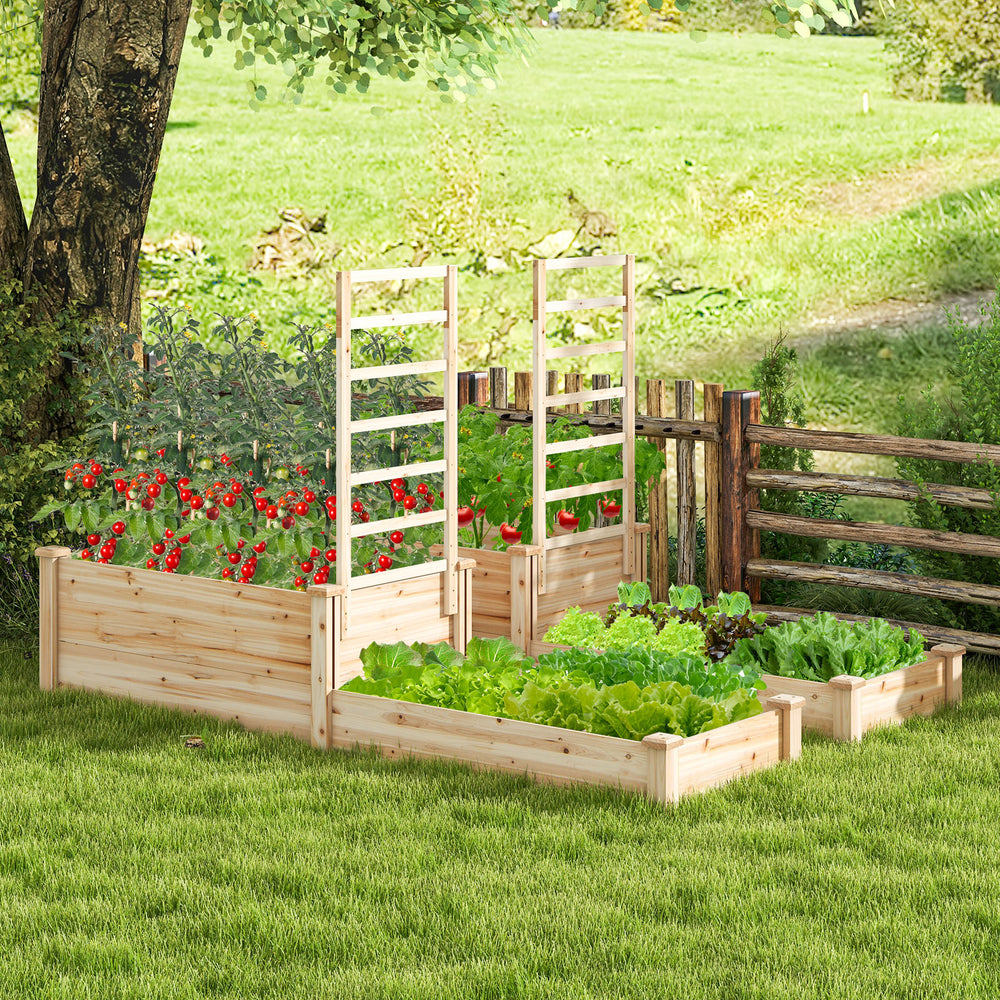 Raised garden bed with trellis in natural fir wood, featuring two planter boxes for diverse planting needs.