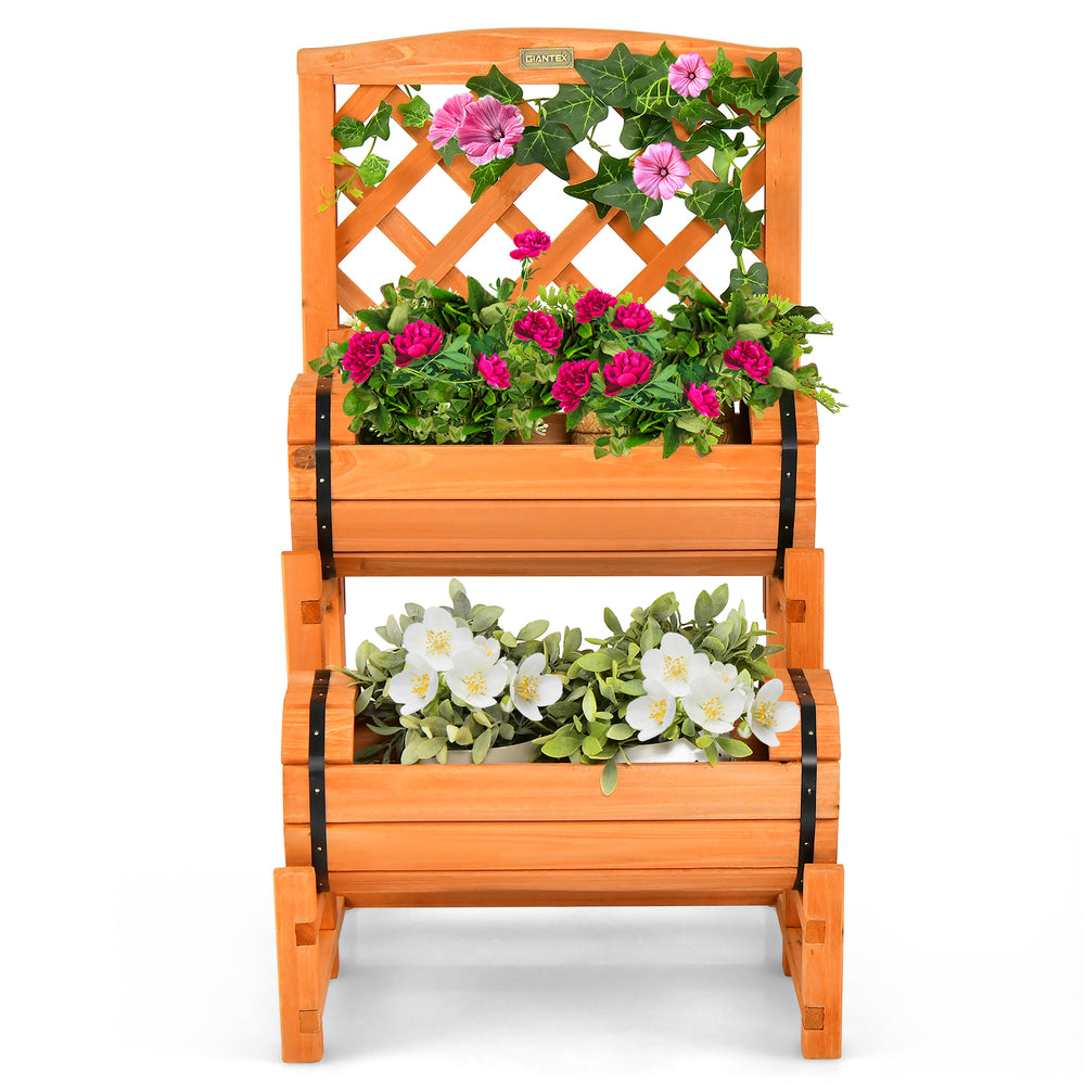 2-tier raised garden bed in orange with cylindrical planter boxes and trellis, ideal for indoor and outdoor plant.