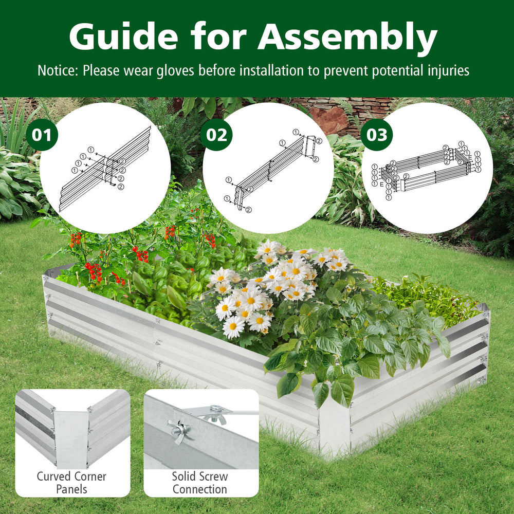 Metal galvanized raised garden bed assembly guide with curved corner panels and solid screw connections for easy setup.