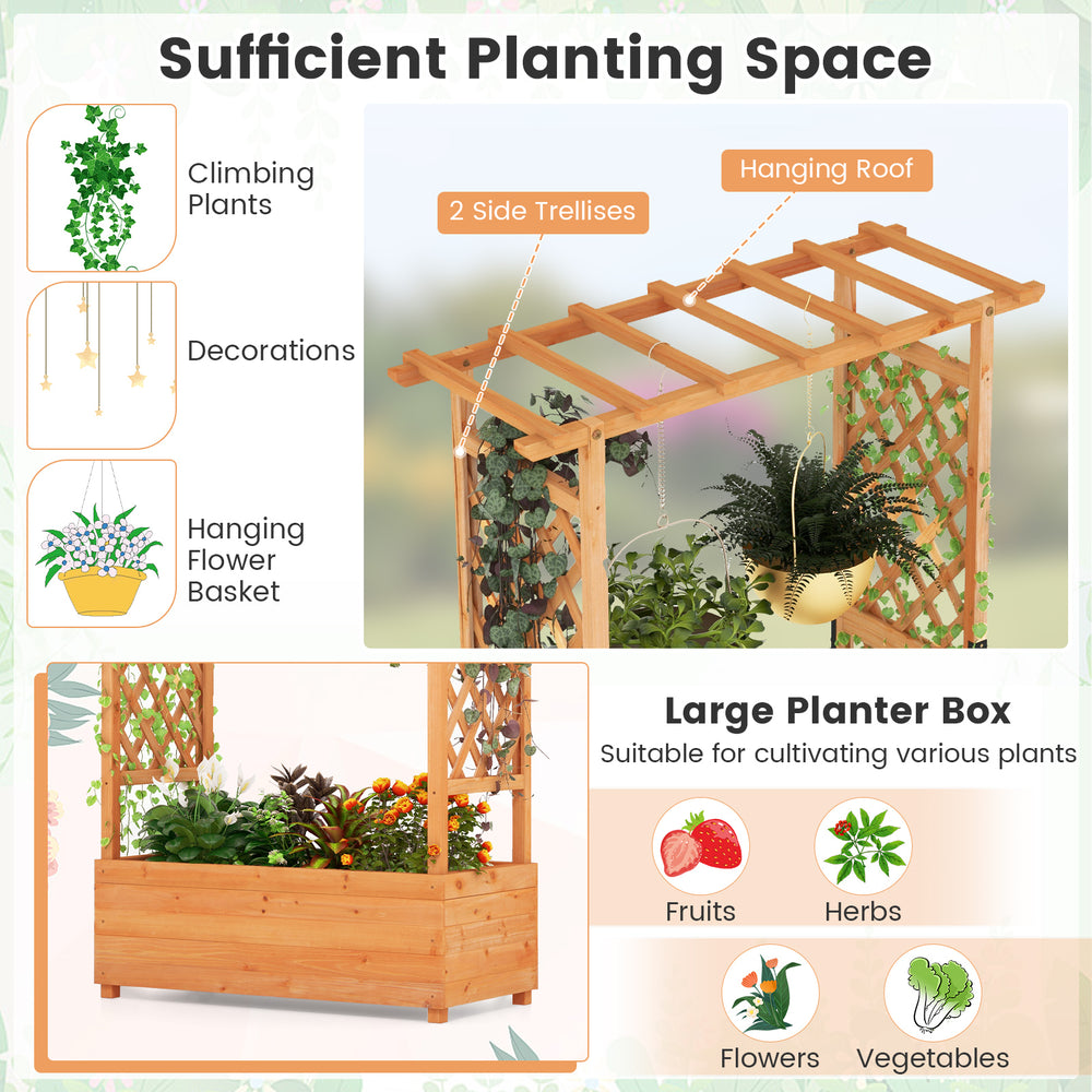 Raised garden bed with arch trellis in orange, crafted from fir wood, ideal for growing fruits, herbs, and flowers.