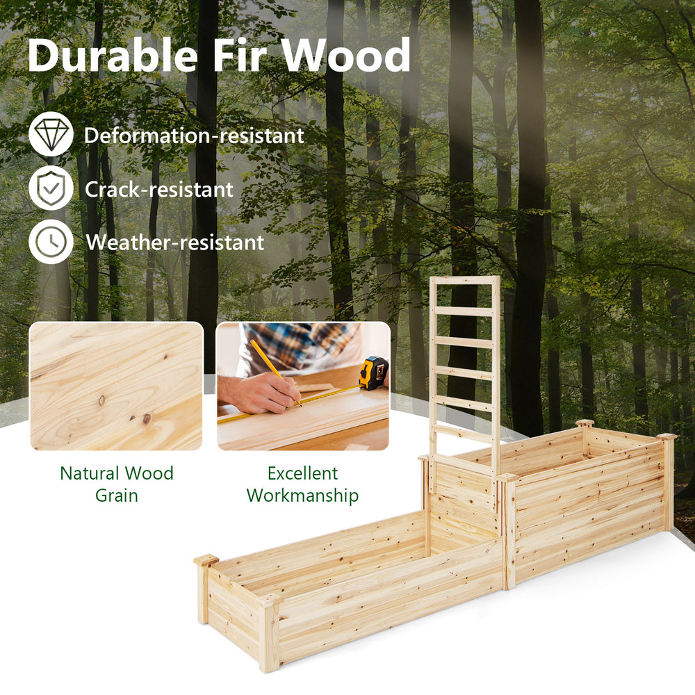 Raised garden bed with trellis made of durable fir wood, featuring natural wood grain and two large planter boxes for.
