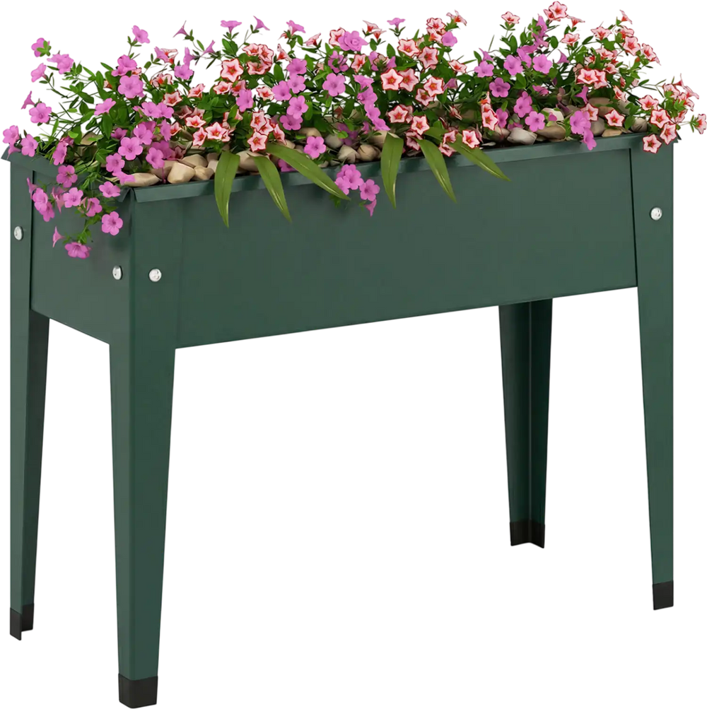 Elevated green metal gardening box with legs, featuring flowers, designed for easy planting and healthy growth.