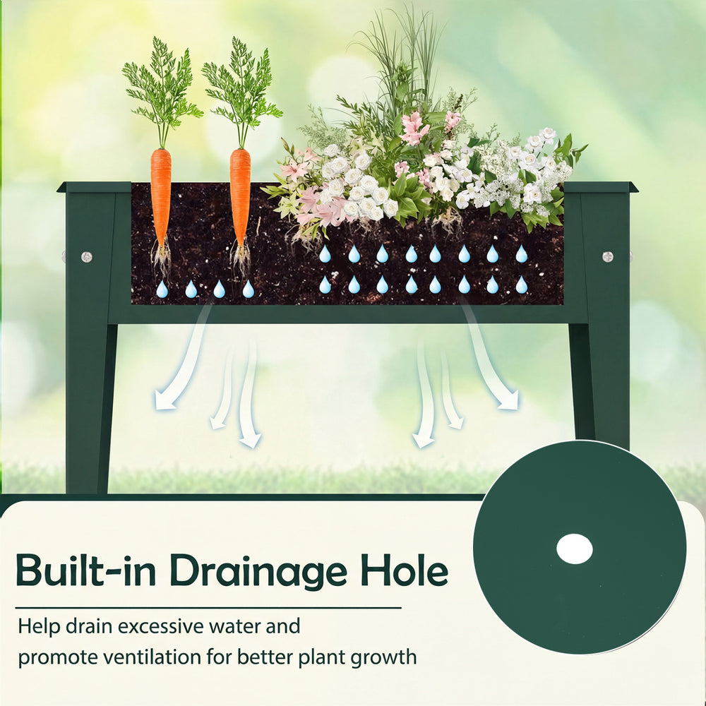 Raised garden bed with built-in drainage hole, green metal construction for healthy plant growth and easy assembly.