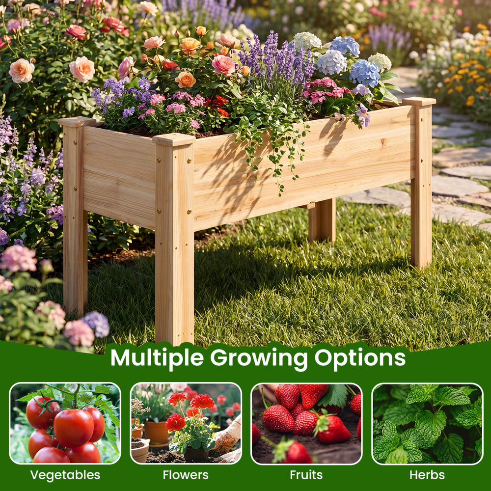 Elevated wooden planter box for vegetables, flowers, and herbs, featuring durable fir wood and ample growing space.