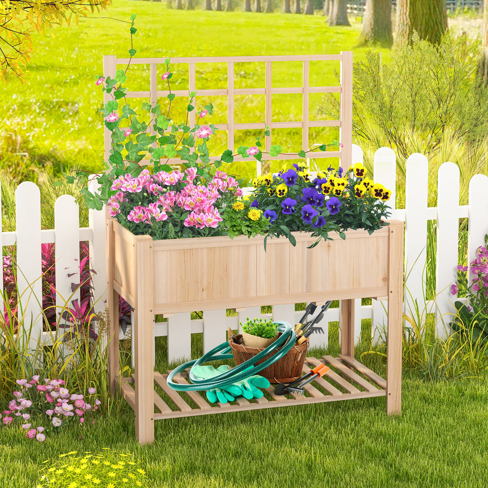 Elevated wooden planter box with trellis, measuring 48" x 23" x 63", perfect for growing plants and storing tools.