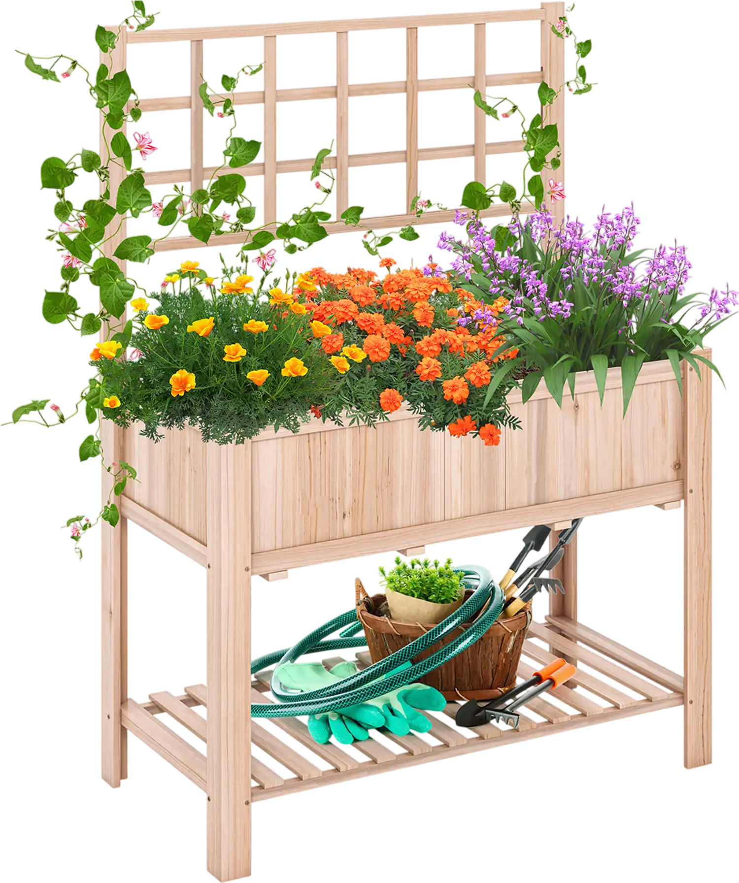 Costway Elevated Wooden Raised Garden Bed Planter Box with Trellis 92876041 New