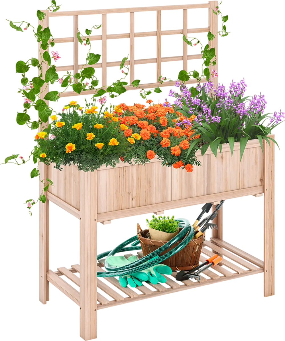 Raised Garden Bed Elevated Wooden Planter Box with Trellis