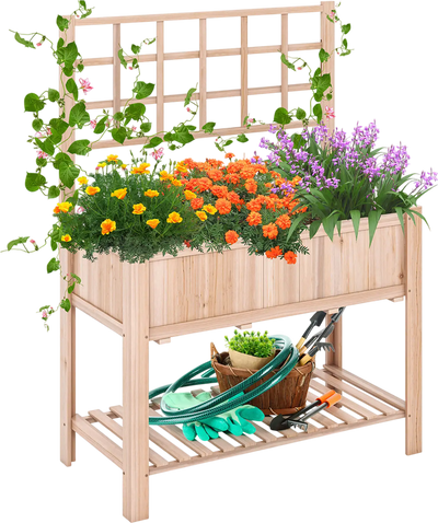 Costway Elevated Wooden Raised Garden Bed Planter Box with Trellis 92876041 New