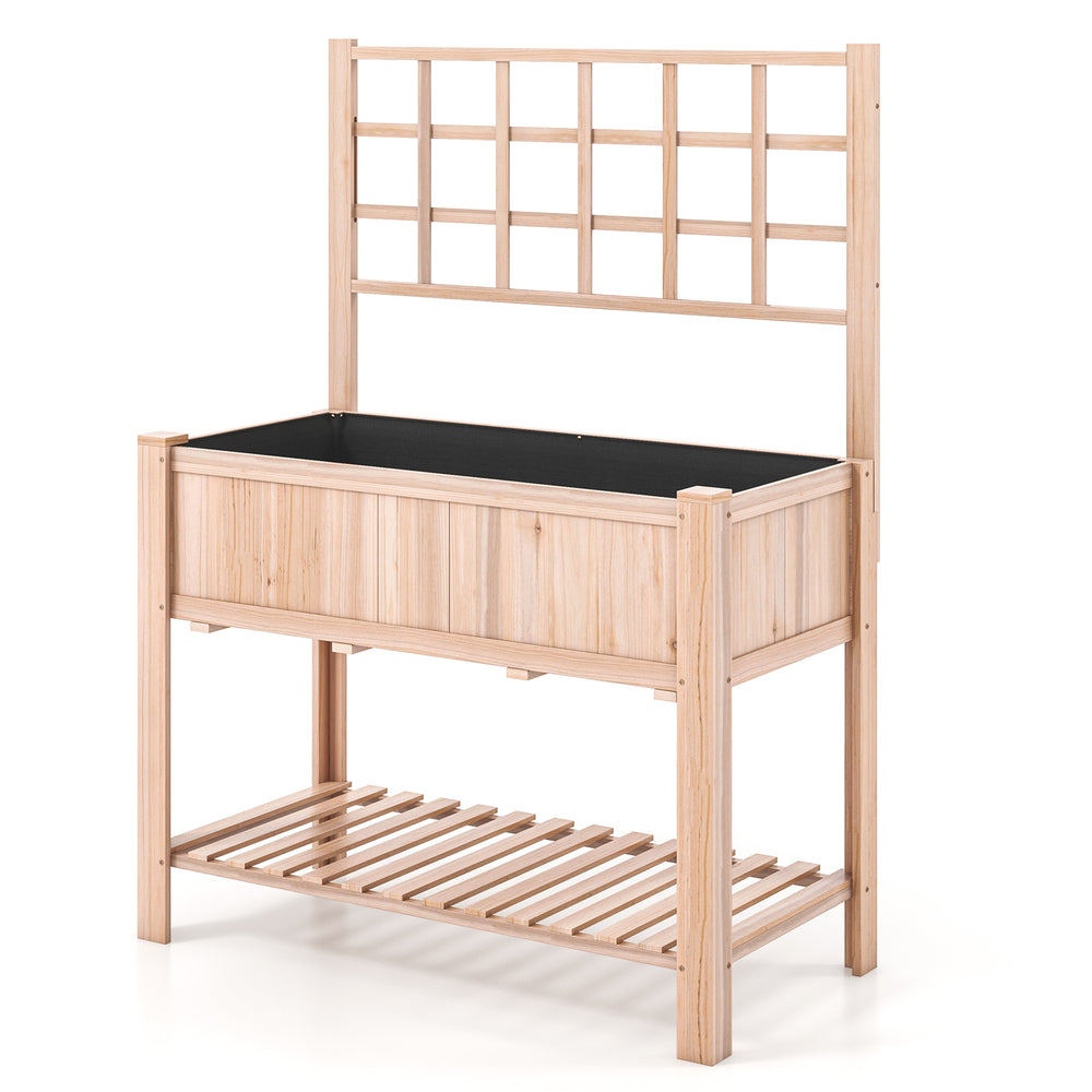 Elevated wooden planter box with trellis, 48" x 23" x 63", made of fir wood, ideal for growing climbing plants outdoors.