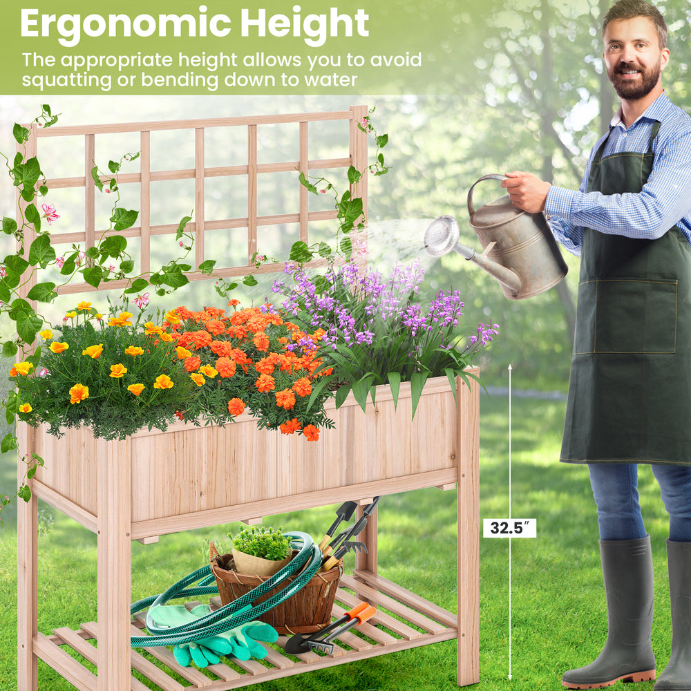 Elevated wooden planter box with trellis, 32.5" ergonomic height, perfect for cultivating plants and storing tools.