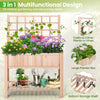 Elevated wooden planter box with trellis, measuring 48" x 23" x 63", perfect for gardening and tool storage.