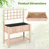 Elevated wooden planter box with trellis, measuring 48" x 23" x 63", perfect for cultivating plants and storing tools.