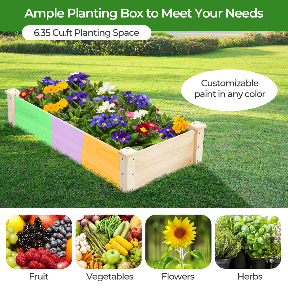 Raised garden bed made of fir wood with colorful sections, ideal for growing fruits, vegetables, flowers, and herbs.